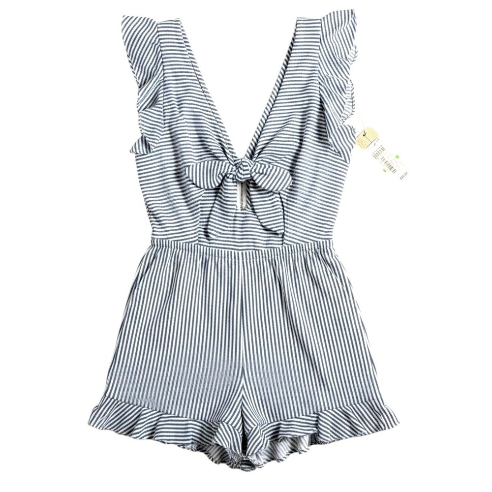 GB Navy White Striped Tie Front Ruffle Romper V-Neck Sleeveless Size L NWT